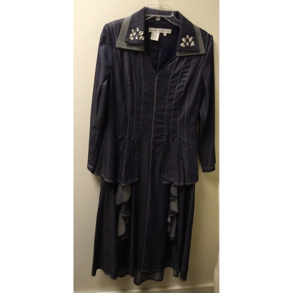 Devine Sport NY Womens Blue Denim Tiered Ruffled Dress W/Bling Collar Maxi Sz 10
